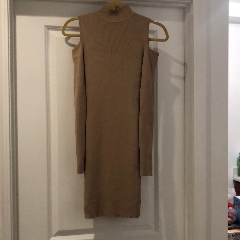 Beautiful shoulder cutout tan dress